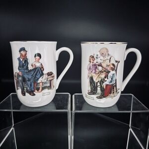 (2) Vintage Norman Rockwell Museum Collectible Coffee Mugs Cups‎ Gold Trim